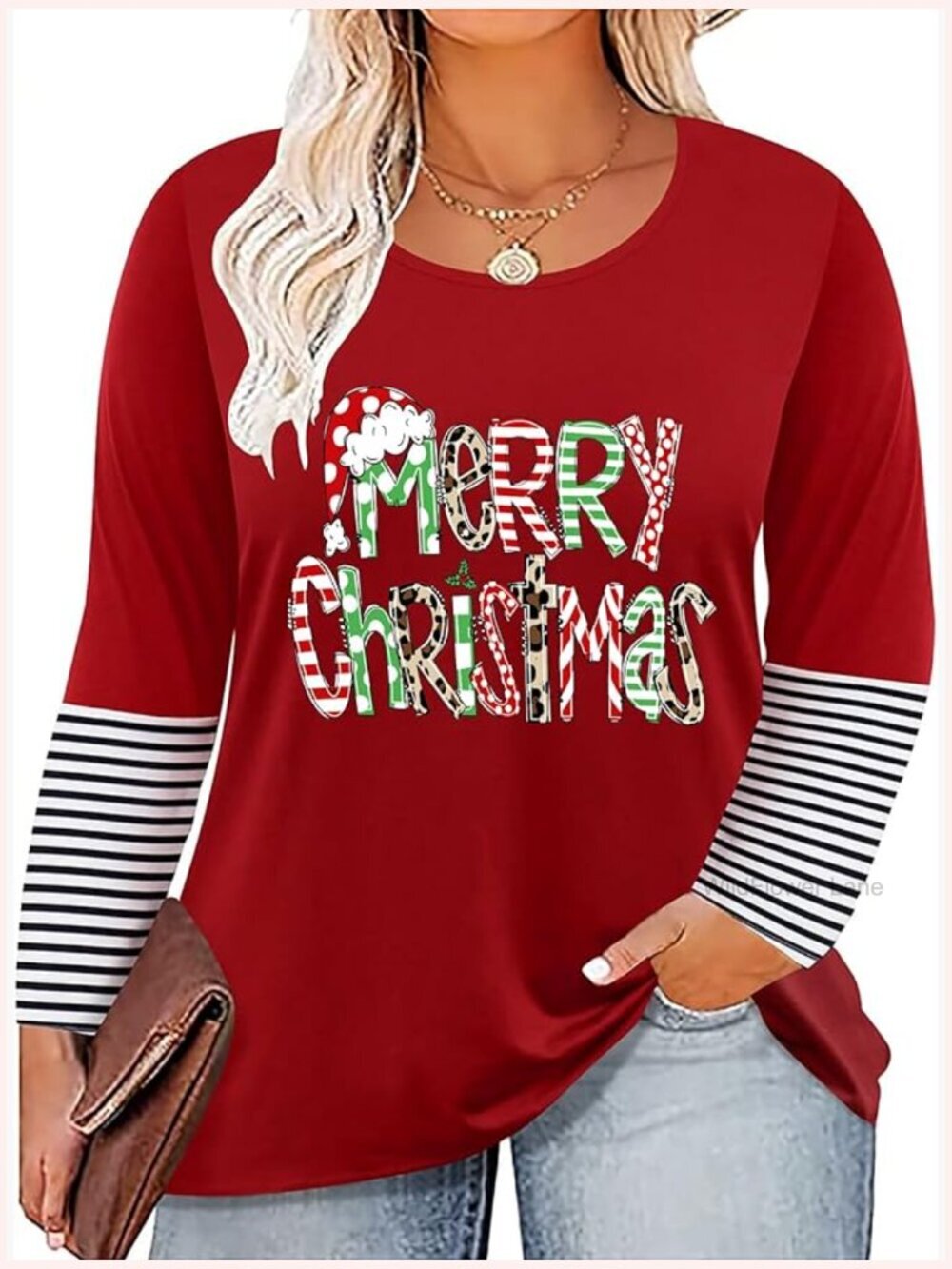 Plus Size Christmas Long Sleeve T-Shirt with Lights Print